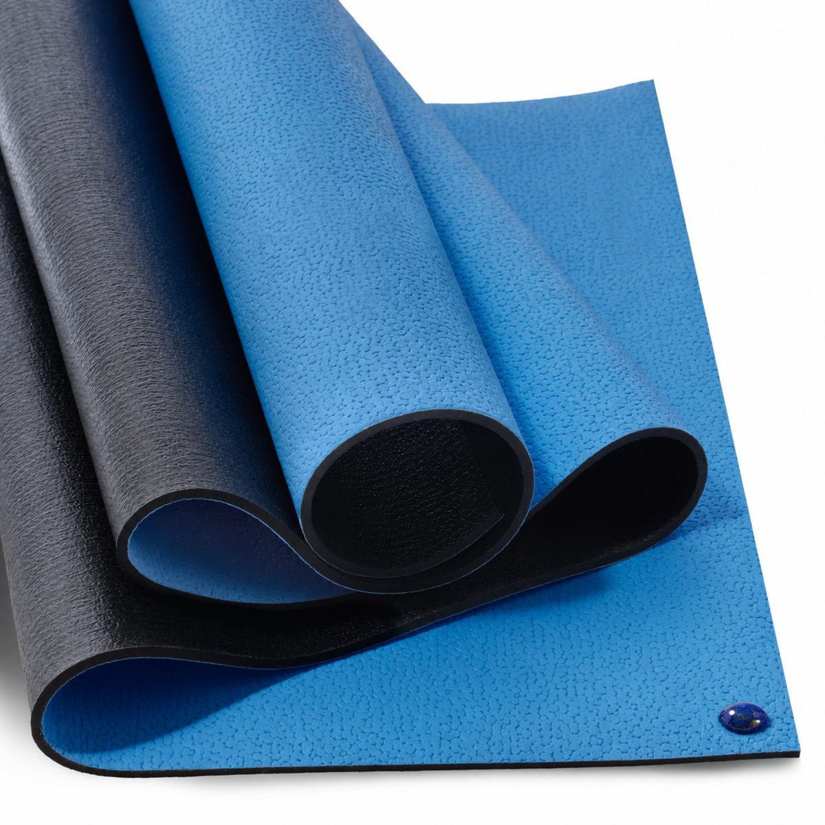 Light-blue YOUBYOU Biocrystal yoga mat with Lapis Lazuli gemstone