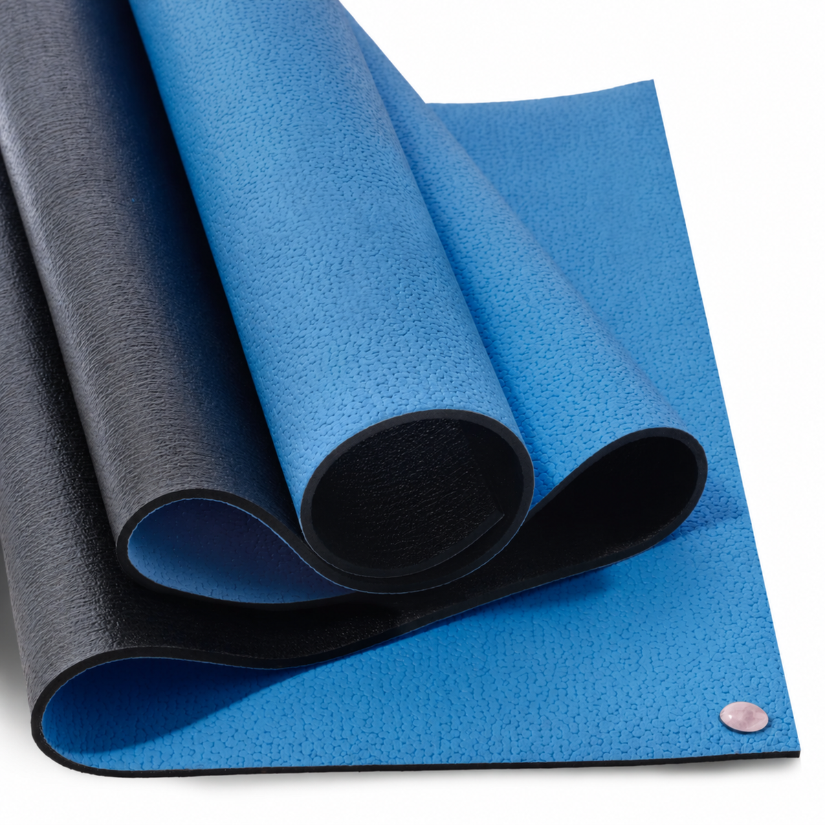 Light-blue YOUBYOU Biocrystal yoga mat with Rose Quartz gemstone