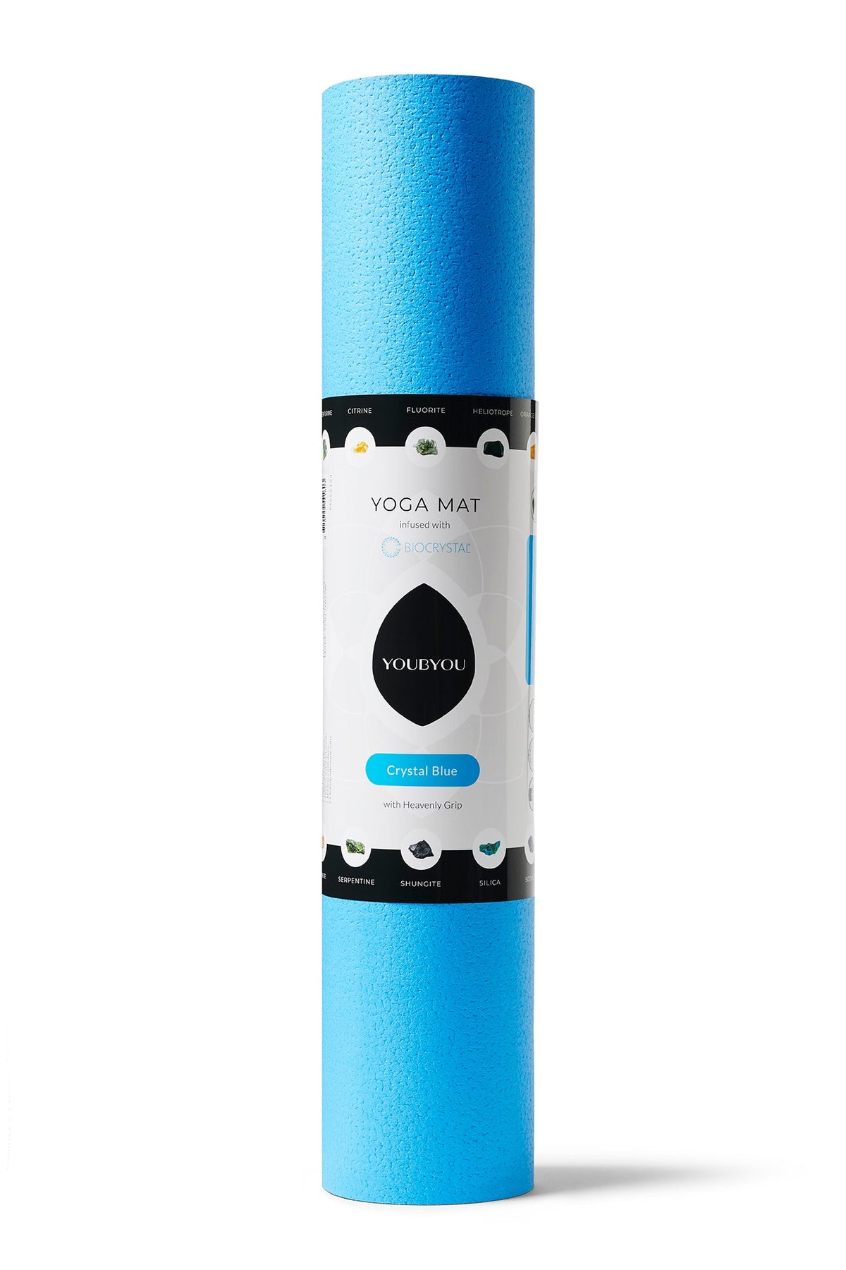 Original light-blue YOUBYOU Biocrystal yoga mat in its product sleeve – Amethyst edition